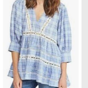 Free People Time Out Plaid Lace Trim Tunic Top Chambray Combo Size Small EUC